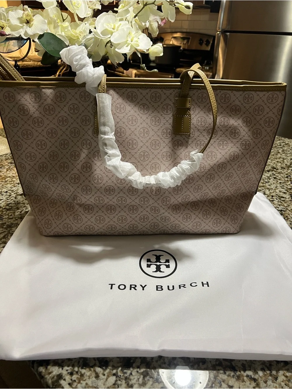 Tory Burch Blush Logo Stripe Tote with Olive Trim